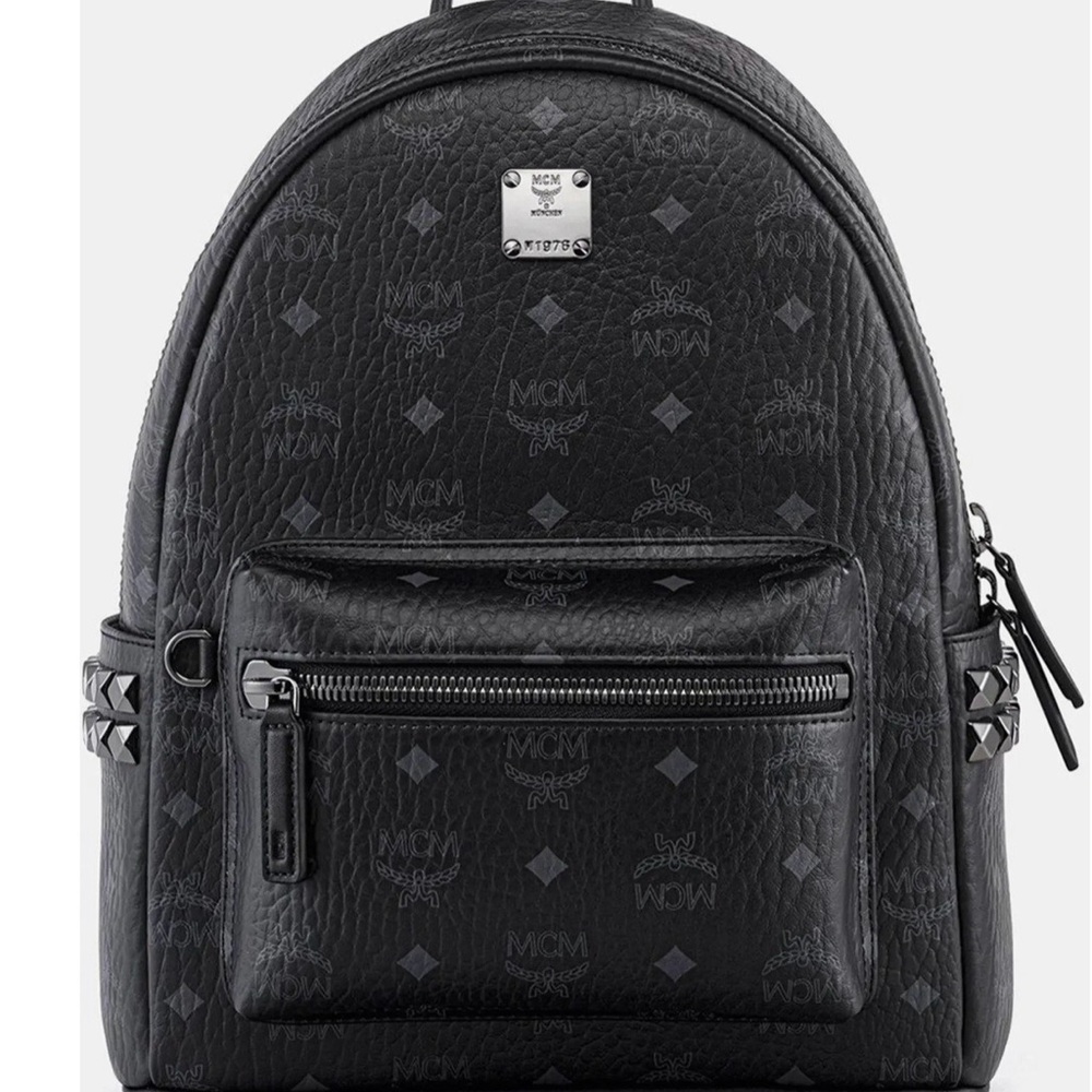 MCM Black Monogrammed Stark Mini Backpack with Stud Details